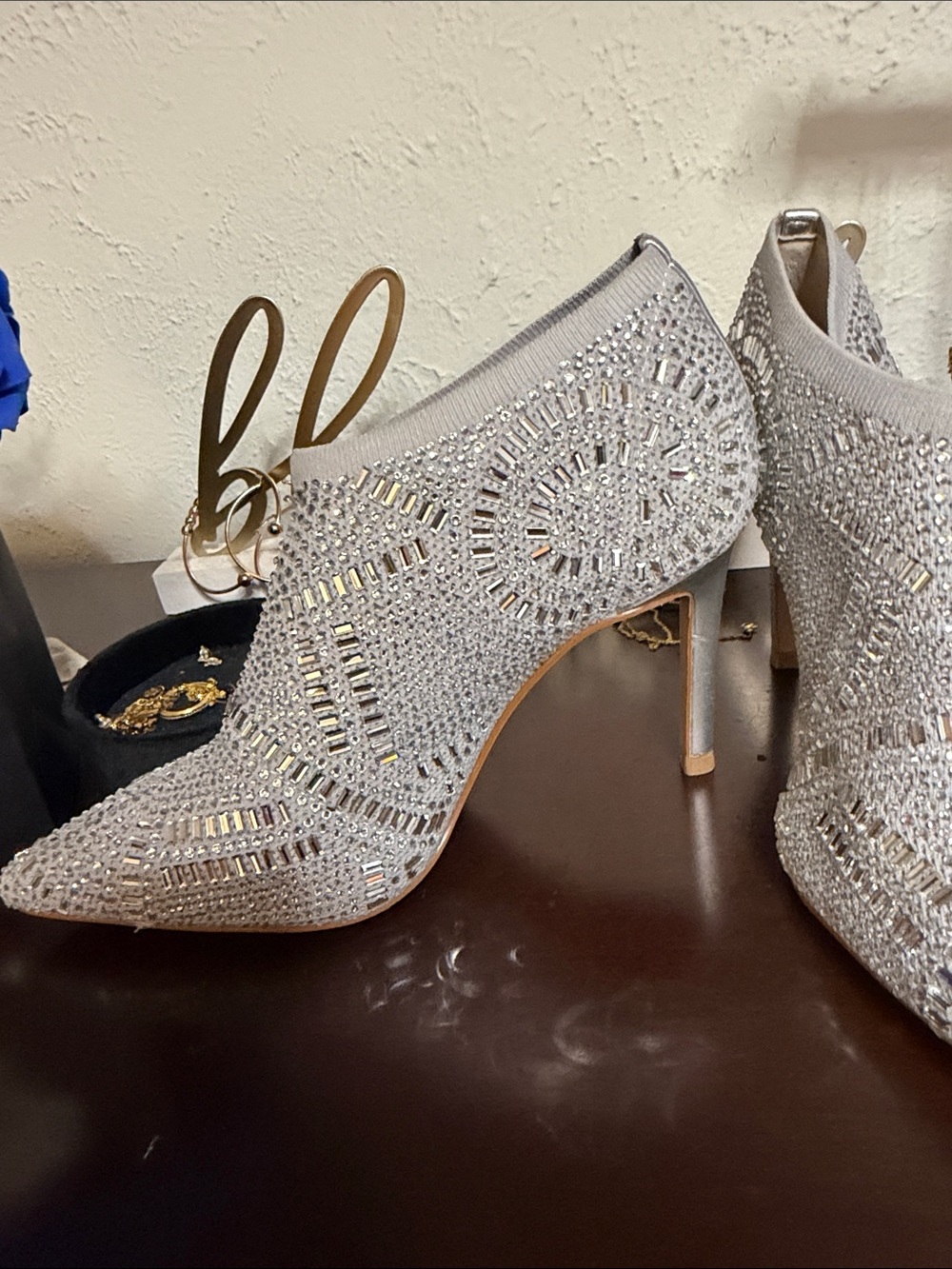 Thalia Sodi Silver Crystal Embellished Pointed-Toe Booties - Picture 3 of 8